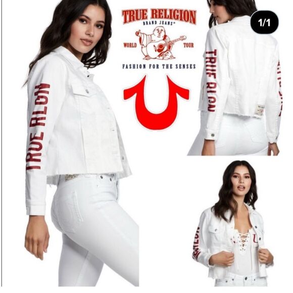 True Religion Fashion trucker with Red Logo on Sleeves Sz XS White Jean Jacket - Picture 4 of 11
